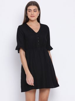 Oxolloxo - Women Black Cotton Solid V-Neck Mini Dress