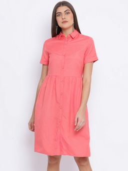 Oxolloxo - Women Pink Cotton Solid Collar Neck Knee Length Dress