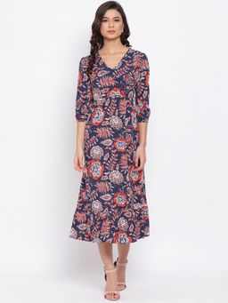 Oxolloxo - Women Multi-Colour Polyester Floral V-Neck Midi Dress