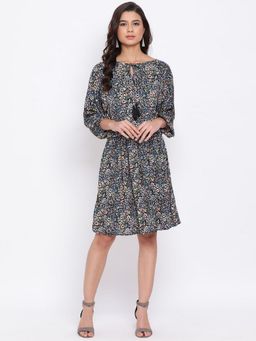 Oxolloxo - Women Multi-Colour Viscose Floral Boat Neck Knee Length Dress