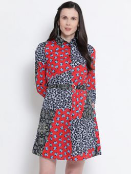 Oxolloxo - Women Multi-Colour Polyester Geometric Collar Neck Mini Dress