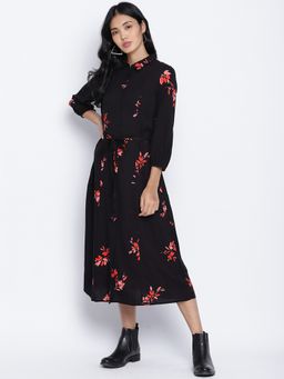 Oxolloxo - Women Black Viscose Floral Collar Neck Midi Dress with Belt