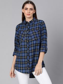 Oxolloxo - Princely Blue Brush Check Print Regular Women Shirt