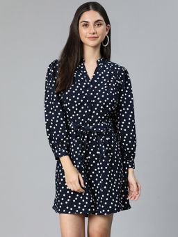 Oxolloxo - Women Navy Blue Polyester Polka Dots V-Neck Mini Dress with Belt