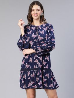 Oxolloxo - Women Blue Viscose Floral Tie Up Neck Mini Dress