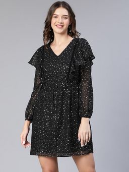 Oxolloxo - Women Black Polyester Polka Dots V-Neck Mini Dress