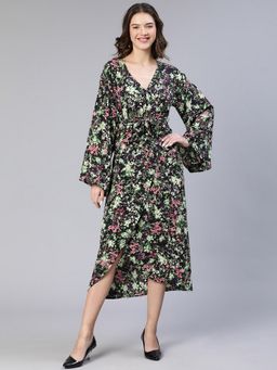 Oxolloxo - Women Multi-Colour Polyester Printed V-Neck Knee Length Dress with Belt