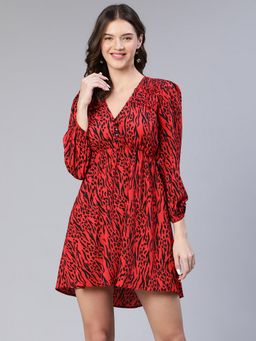 Oxolloxo - Women Red Polyester Printed V-Neck Mini Dress