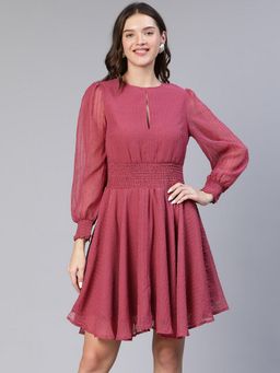 Oxolloxo - Women Pink Polyester Self Design Key Hole Neck Mini Dress