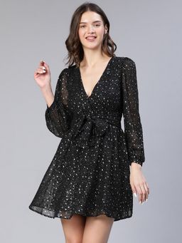 Oxolloxo - Women Black Polyester Polka Dots V-Neck Mini Dress with Belt