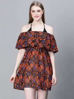 Oxolloxo - Women Multi-Colour Polyester Printed Off Shoulder Mini Dress