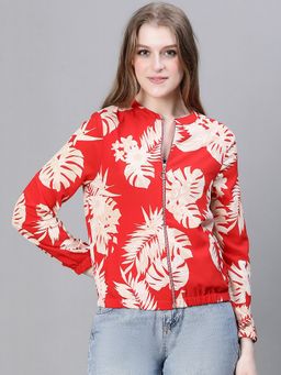 Oxolloxo - Women Red Floral Print Mandarin Neck Zip Lined Bomber Jacket