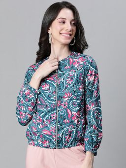 Oxolloxo - Women Teal Floral Print Mandarin Neck Zip Lined Bomber Jacket