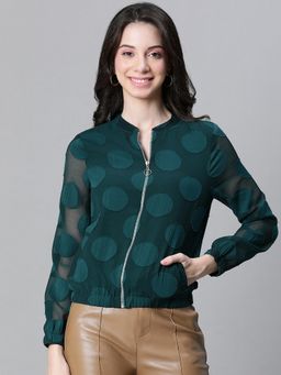 Oxolloxo - Women Green Geometric Zipped Long Sleeve Mandarin Neck Elasticated Bomber Jacket