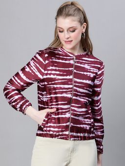 Oxolloxo - Women Wine Colour Printed Mandarin Neck Zip Lined Bomber Jacket