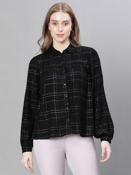 Oxolloxo - Women Black Check Print Collared Long Sleeve Buttoned Shirt