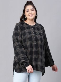 Oxolloxo - Women Plus Size Black Check Print Mandarin Collar Long Sleeve Shirt