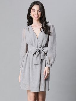 Oxolloxo - Women Grey Polyester Self Design V-Neck Mini Dress