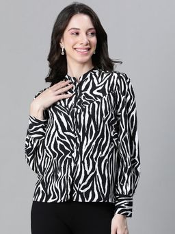Oxolloxo - Women Black Printed Mandarin Collar Long Sleeve Satin Shirt