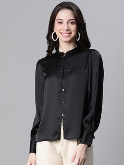 Oxolloxo - Women Solid Black Mandarin Collar Long Sleeve Satin Shirt