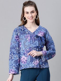 Oxolloxo - Women Blue Floral Print V-Neck Tie-Knotted Cotton Bomber Jacket