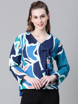 Oxolloxo - Women Multicolour Floral Print V-Neck Tie-Knotted Cotton Bomber Jacket