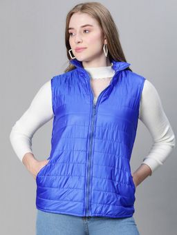 Oxolloxo - Women Solid Blue High Neck Zipped Sleeveless Jacket