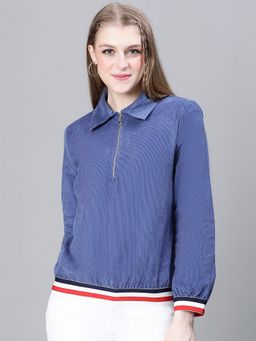 Oxolloxo - Women Blue Collared Zipped Long Sleeve Cotton Bomber Jacket