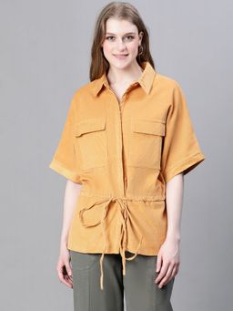 Oxolloxo - Women Solid Mustard Collared Short Sleeve Elasticated Tie-Up Jacket