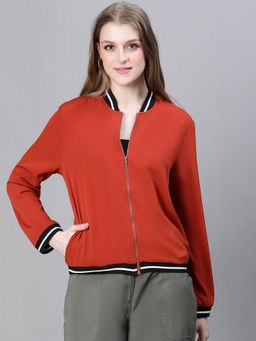 Oxolloxo - Women Rust High Neck Zip Lined Long Sleeve Bomber Jacket