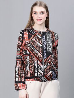 Oxolloxo - Women Multicolour Printed Mandarin Neck Zipped Long Sleeve Bomber Jacket