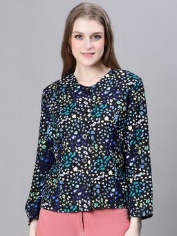 Oxolloxo - Women Multicolour Floral Print Round Neck Buttoned Long Sleeve Cotton Bomber Jacket