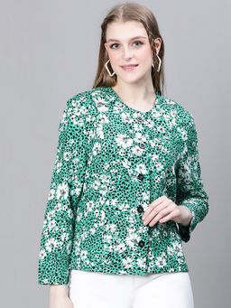 Oxolloxo - Women Green Multicolour Floral Print Round Neck Cotton Bomber Jacket