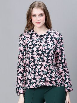 Oxolloxo - Women Multicolour Floral Print Round Neck Buttoned Long Sleeve Cotton Bomber Jacket