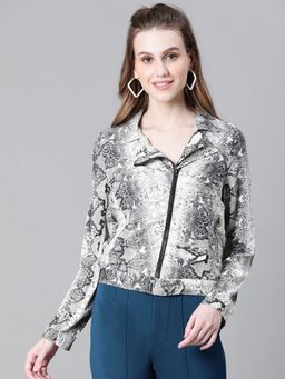 Oxolloxo - Women Multicolour Animal Print Open Collared Zip Lined Long Sleeve Bomber Jacket