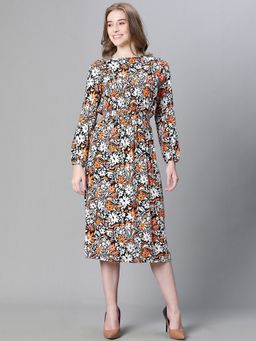 Oxolloxo - Women Multi-Colour Viscose Rayon Floral Round Neck Midi Dress