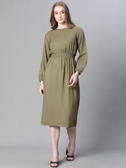 Oxolloxo - Women Khaki Viscose Rayon Solid Round Neck Midi Dress