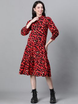 Oxolloxo - Women Red Organic Cotton Animal Print Mandarin Neck Knee Length Dress