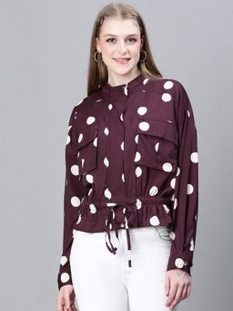 Oxolloxo - Women Purple Polka Print Collared Buttoned Elasticated Tie-Up Detailed Bomber Jacket