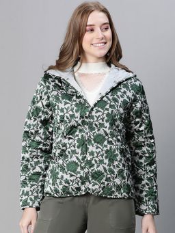 Oxolloxo - Women Green Floral Print Open Collared Buttoned Hoodie Bomber Jacket