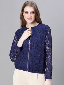 Oxolloxo - Women Blue Laced Up Mandarin Neck Zipped Long Sleeve Bomber Jacket