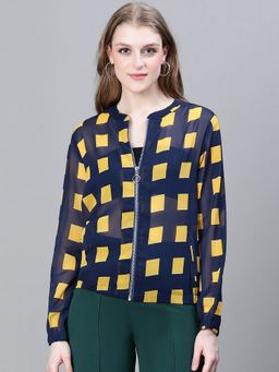 Oxolloxo - Women Blue Check Print Mandarin Neck Zipped Long Sleeve Bomber Jacket