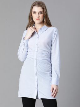 Oxolloxo - Women Solid Blue Collared Long Sleeve Buttoned Gather Pleated Long Cotton Shirt