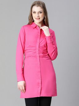Oxolloxo - Women Solid Pink Collared Long Sleeve Buttoned Gather Pleated Long Cotton Shirt