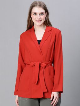 Oxolloxo - Women's Rust Polyester Single-Breasted Belted Blazer