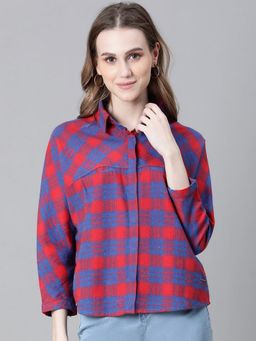Oxolloxo - Women Red Brush Check Collared Long Sleeve Cotton Shirt