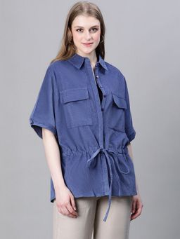 Oxolloxo - Women Blue Collared Buttoned Tie-Up Detailed Elasticated Short Sleeve Cotton Jacket