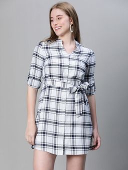 Oxolloxo - Women White Organic Cotton Checks Mandarin Neck Mini Dress with Belt