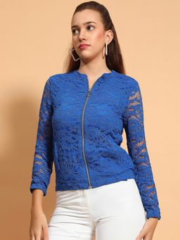 Oxolloxo - Women Blue Mandarin Neck Long Sleeve Zip Lined Lace Detail Jacket