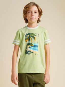 Jack & Jones Junior - Boys Green Printed Cotton T-Shirt